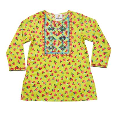 Girls' yellow & Red Printed Kurti – Long Sleeve Cotton Tunic