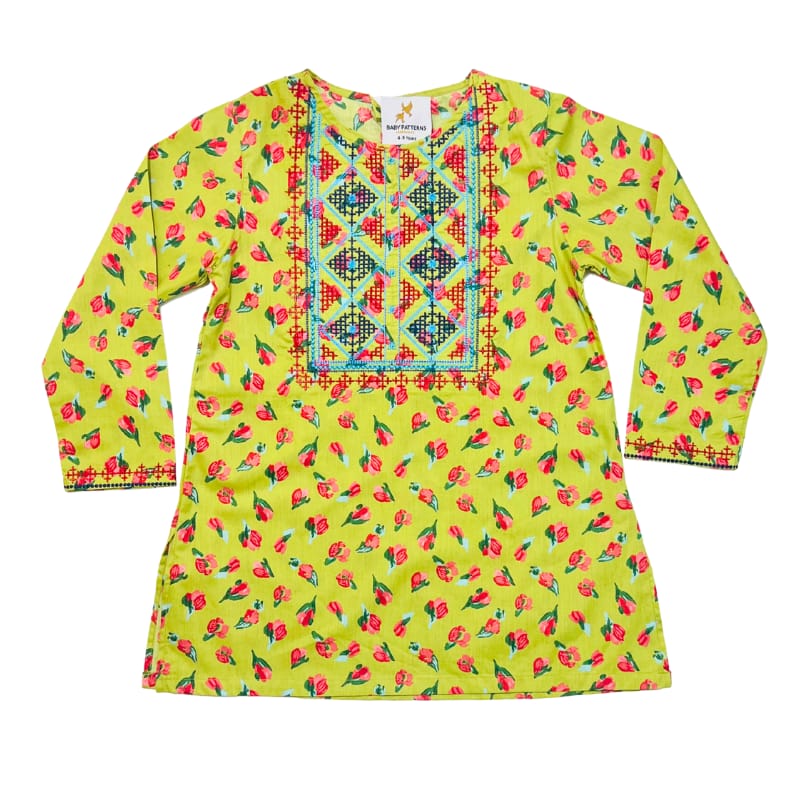 Girls' yellow & Red Printed Kurti – Long Sleeve Cotton Tunic
