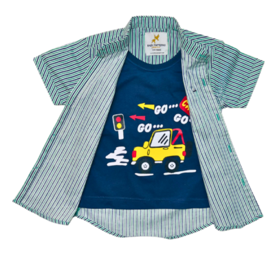 Boys’ Causal Short Sleeve double Shirt –Navy Car Graphic T-Shirt