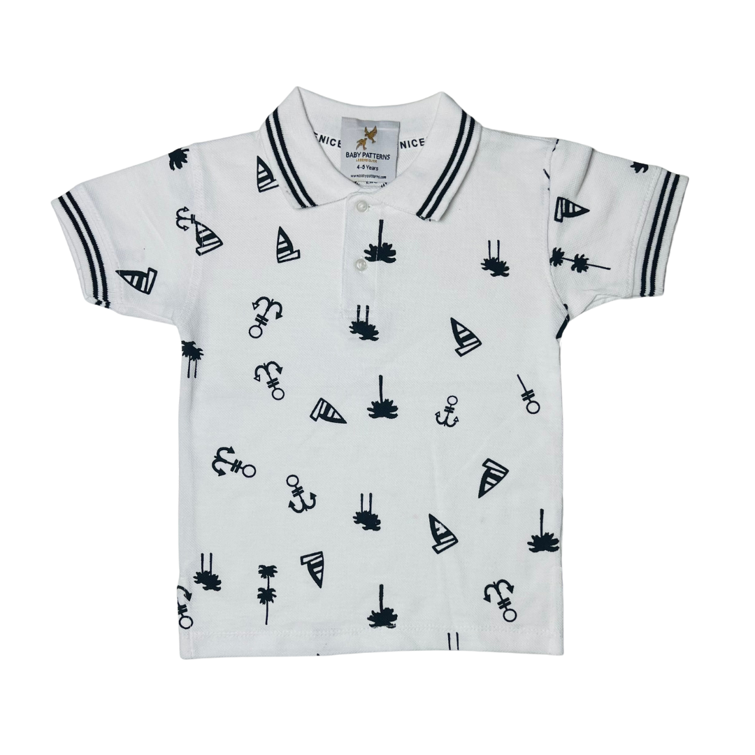 Boys' White Nautical Print Polo Shirt – Summer Cotton Tee